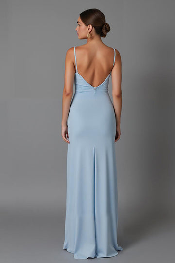 Robe de soirée longue à bretelles spaghetti fourreau bleu ciel